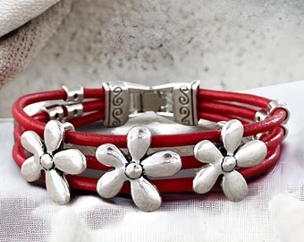 Leather bracelet, punk bracelet, womens bracelet with silver flowers details, handmade jewelry, gift for her, gift for women,leather jewelry