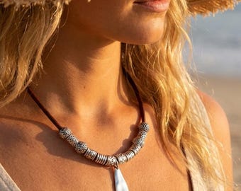 Necklace gift for her Leather statement jewelry for women/Boho Handmade jewelry/ethnic antique silver beads necklace/gift for women necklace