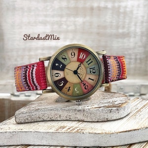 Watches for women gifts for her/Gift for him/Watch gift for women with quirky multicolour strap/Gift for mum/UK stock/boho and hippie Pink orange