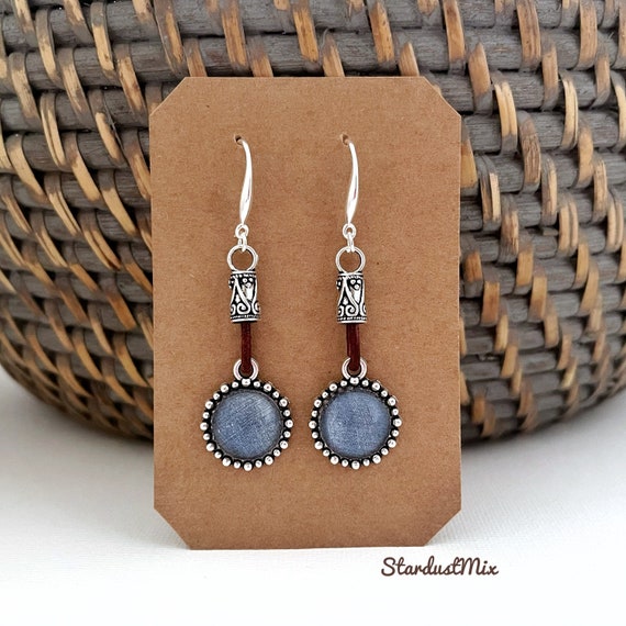 Earrings/silver and vintage leather blue denim earrings/boho earrings/bohemian dangle earrings/dainty earrings/ethnic earrings for women