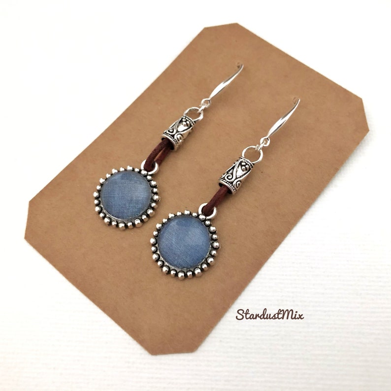 Kolczyki/srebrne i vintage skórzane niebieskie kolczyki jeansowe/kolczyki boho/kolczyki wiszące boho/delikatne kolczyki/etniczne kolczyki dla kobiet zdjęcie 6