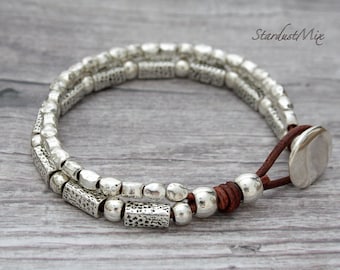 Leather silver bracelet/Ethnic Celtic druid bracelet/Boho jewelry/handmade beaded bracelet/ gift for women/gift for her/best friend gift
