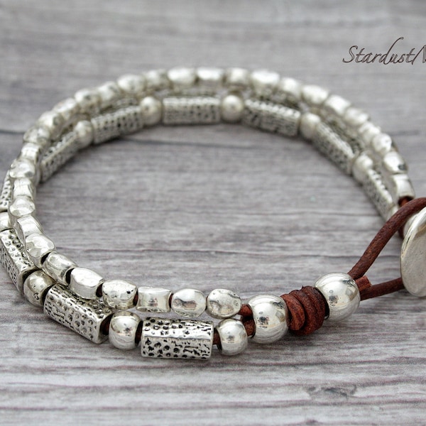 Leather silver bracelet/Ethnic Celtic druid bracelet/Boho jewelry/handmade beaded bracelet/ gift for women/gift for her/best friend gift