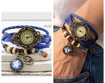 Womens watches gift for her/leather watches vintage/hippie steampunk watch gift for women/handmade jewelry/American flag watch