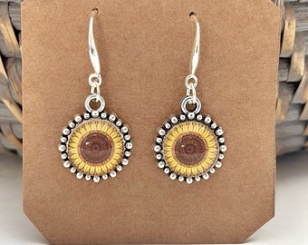 Sterling silver Earrings for women gift for her/Sunflower earrings/Boho minimalist handmade jewelry/Antique silver dangle earrings