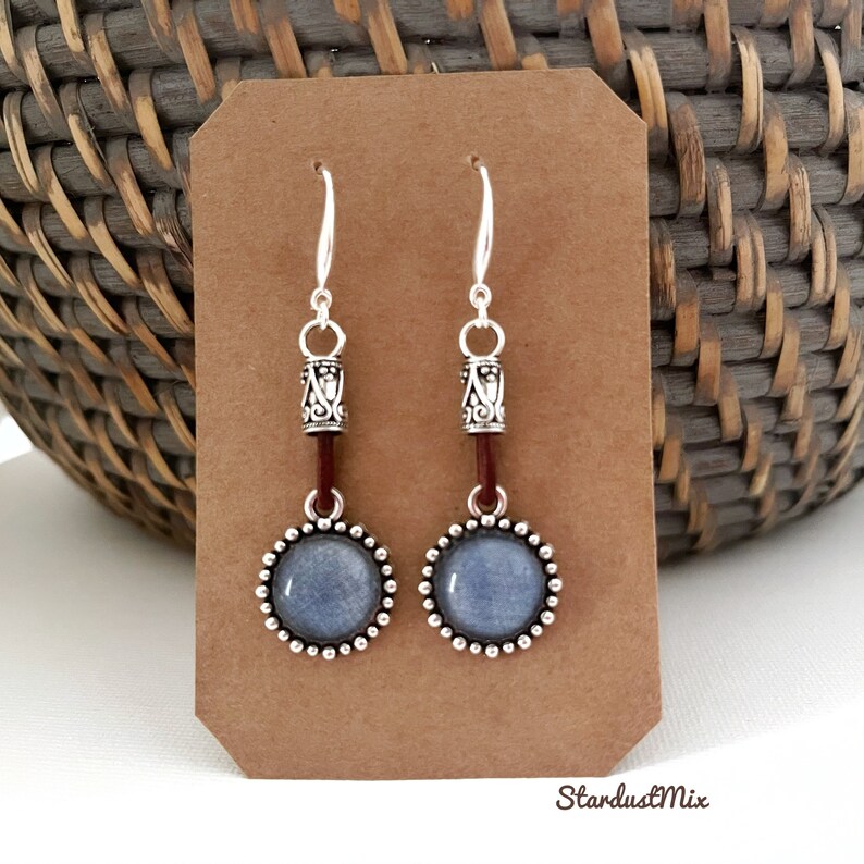 Kolczyki/srebrne i vintage skórzane niebieskie kolczyki jeansowe/kolczyki boho/kolczyki wiszące boho/delikatne kolczyki/etniczne kolczyki dla kobiet zdjęcie 8