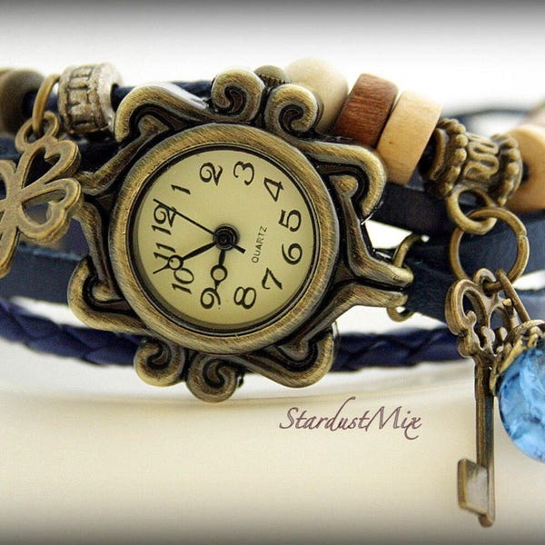 Womens watch leather bracelet vintage watch style boho bracelet gift for her bohemian jewelry steampunk watch sister gift blue crystal