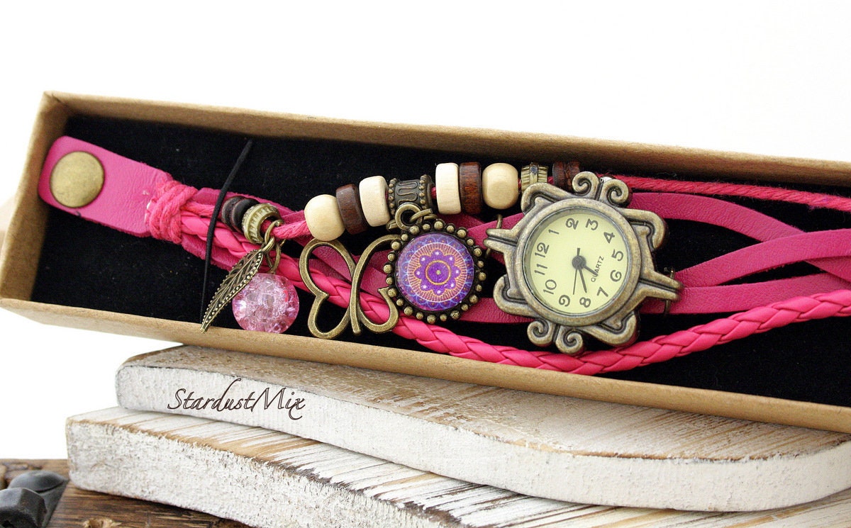 Steampunk womens watch/Leather bracelet watch for women in candy pink/butterfly and mandala charm/boho jewelry/boho hippie watch/thanks gift
