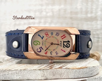 Watches for women with quirky multicolour digits pattern/boho and hippie watch/gift for her/gift for women/bohemian leather jewelry