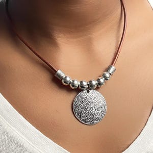 Necklace for women gift for her Antique silver and leather necklace/Handmade jewelry boho ethnic minimalist necklace/gift for women necklace