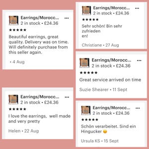 May include: A digital collage of five customer reviews for a product titled Earrings/Morocco. Each review block displays a thumbnail of blue earrings on a tan display card, a five-star rating, and text from customers including Helen, Suzie, and Christiane.