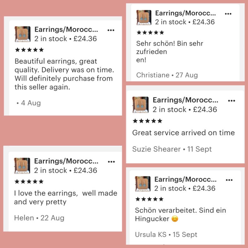 May include: A digital collage of five customer reviews for a product titled Earrings/Morocco. Each review block displays a thumbnail of blue earrings on a tan display card, a five-star rating, and text from customers including Helen, Suzie, and Christiane.