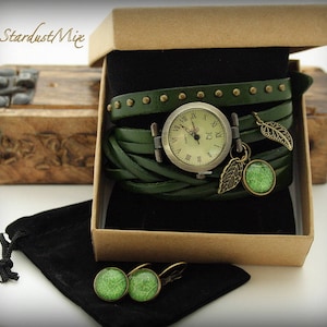 Women watch wrap around ladies watch with green leaf charm and matching earrings gift for her boho watch festival green watch nature beauty