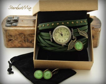 Women watch wrap around ladies watch with green leaf charm and matching earrings gift for her boho watch festival green watch nature beauty