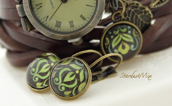 New!!! Anthropologie Brown Leather Wrap Watch with Leaf Charm and Bead Accents Leather Wrap Watch With Leaf Charm & Matching Earrings - Etsy main image 3