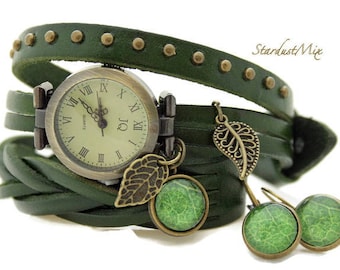 Green Leather Wrap Watch with Leaf Charm & Earrings, Boho Hippie Style