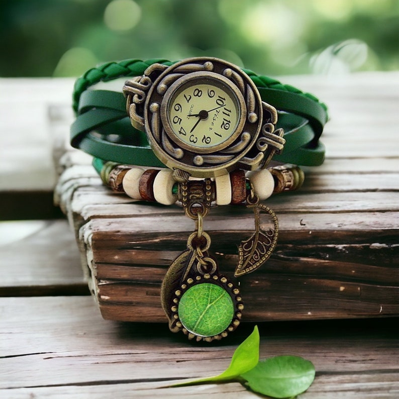 Watches for women green watch leather bracelet vintage boho bracelet with a green leaf gift for her bohemian steampunk watch gift for women image 5