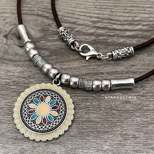 Necklace/Leather and silver mandala necklace/boho minimalist necklace/ethnic beaded necklace/boho jewelry/gift for women/gift for her
