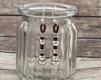 Earrings with leather and antique silver stainless steel, leather earrings, boho earrings, drop earrings, dangle earrings handmade jewelry