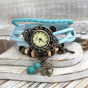 Women watch leather bracelet ladies watch sky blue with turquoise gemstone charm gift for her womens watch boho watch vintage style watch