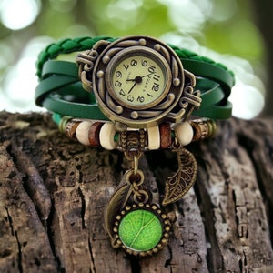 Watches for women green watch leather bracelet vintage boho bracelet with a green leaf gift for her bohemian steampunk watch gift for women image 1