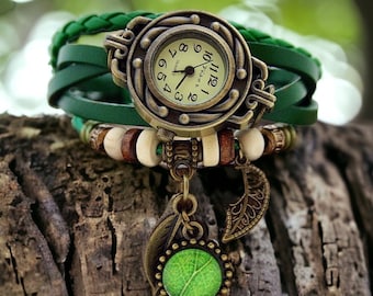 Watches for women green watch leather bracelet vintage boho bracelet with a green leaf gift for her bohemian steampunk watch gift for women
