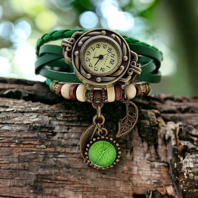 Watches for women green watch leather bracelet vintage boho bracelet with a green leaf gift for her bohemian steampunk watch gift for women image 6