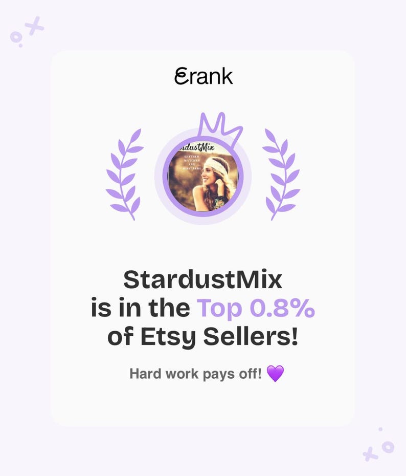 May include: A white digital graphic featuring the text Erank at the top, a circular profile icon with a person, and purple laurel leaf accents. Below, the text reads StardustMix is in the Top 0.8% of Etsy Sellers! followed by Hard work pays off! with a purple heart.