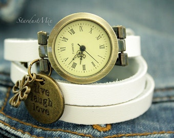 White Leather Wrap Watch, Vintage Style Steampunk Women's Watch