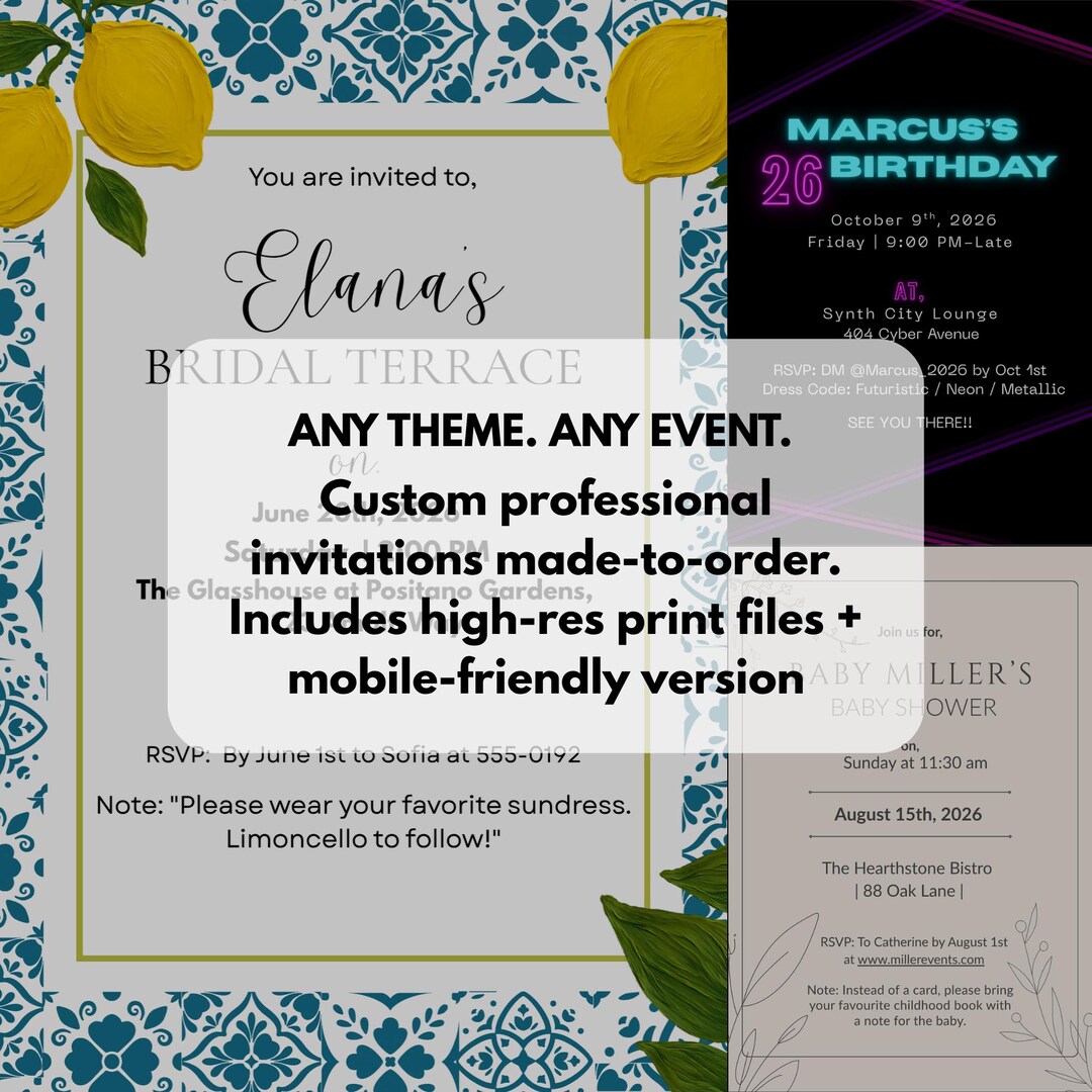 Invite Sign Custom Event Invitation Design | Birthday, Wedding, Baby Shower, or ...
