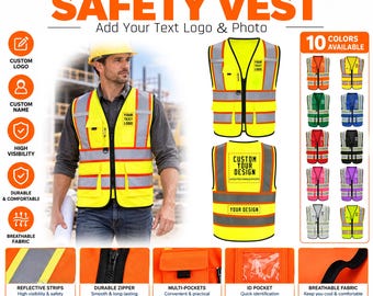 May include: A bright yellow safety vest with horizontal reflective silver strips, multiple pockets, and a front zipper. The vest features customizable areas for text, logos, and photos. The design includes a clear ID pocket and breathable fabric.