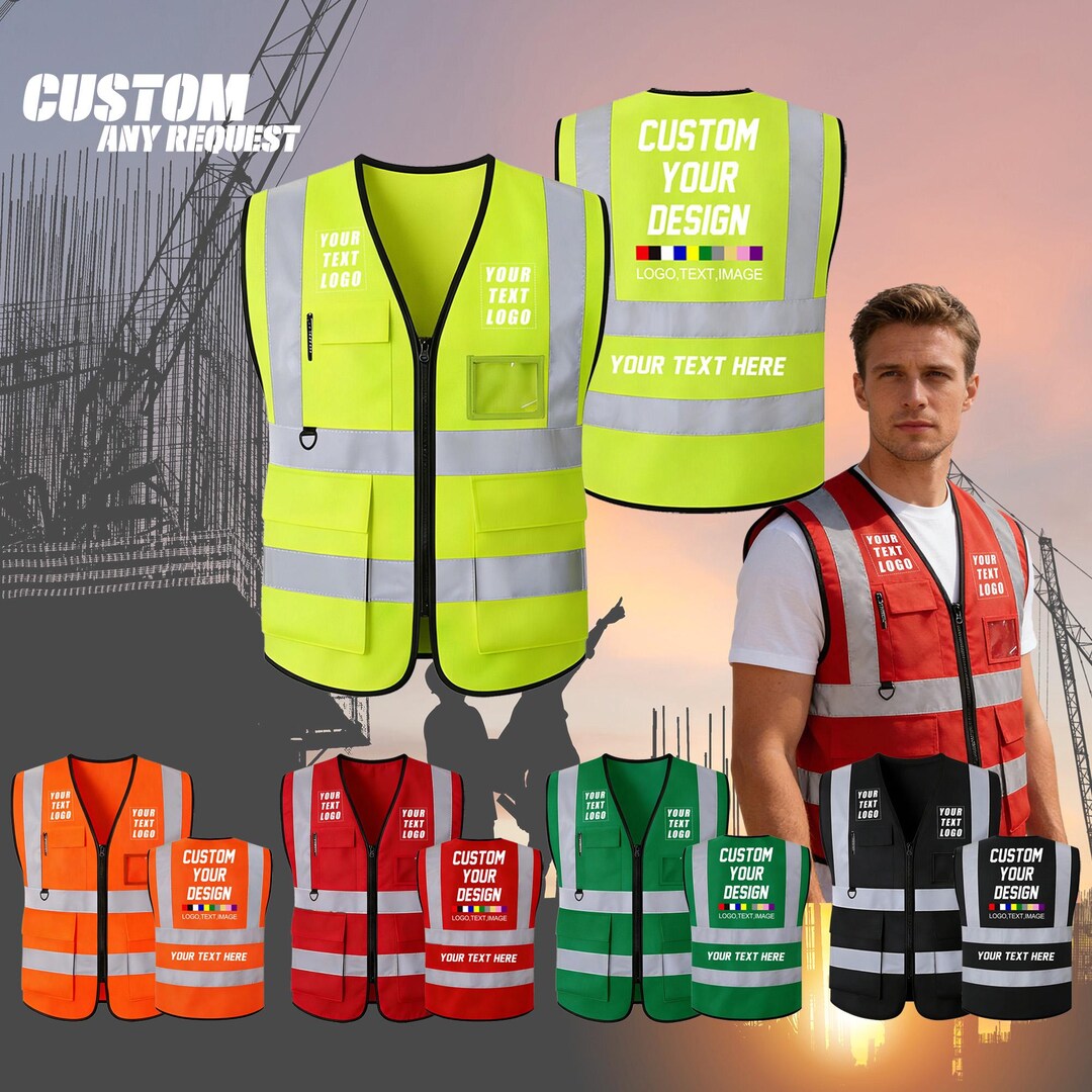 Custom Safety Vest High Visibility Reflective Vests With Pockets Zipper ...