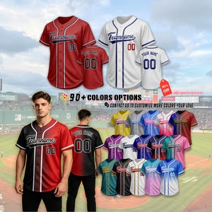 May include: A collection of short-sleeved button-down baseball jerseys featuring various color gradients and solid patterns. Each jersey displays the text Teamname and the number 00 on the front and back. The jerseys are shown in multiple color combinations.