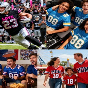 Pu&ograve; includere: Un collage di immagini con persone che indossano maglie da football americano. Un'immagine mostra un giocatore con una maglia nera con la scritta "LOVE" e il numero 23. Altre immagini mostrano persone con maglie blu e rosse con il numero 88 e la scritta "MOM".