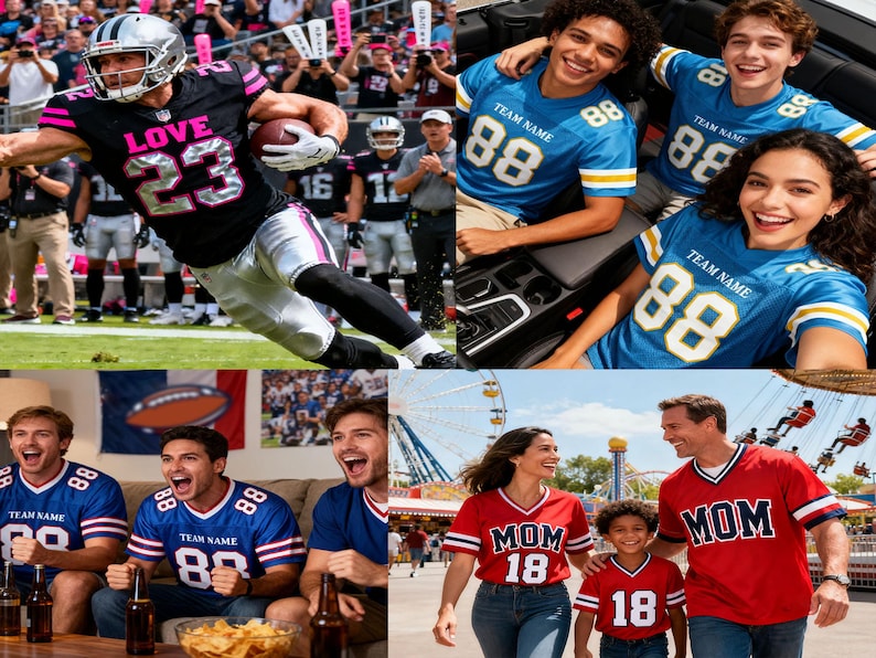 Pu&ograve; includere: Un collage di immagini con persone che indossano maglie da football americano. Un'immagine mostra un giocatore con una maglia nera con la scritta "LOVE" e il numero 23. Altre immagini mostrano persone con maglie blu e rosse con il numero 88 e la scritta "MOM".