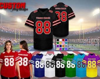 May include: A collection of custom football jerseys featuring the number 88 on the front and back, with placeholders for team name and player name. The jerseys are available in various colors including black, red, blue, white, green, and yellow.