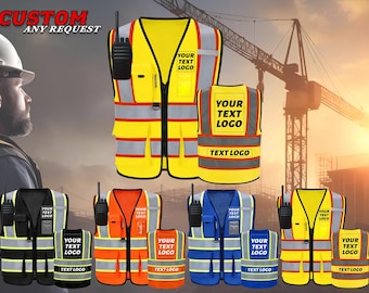 Custom Safety Vest, High Visibility Reflective Personalized Vests with Logo and 5 Pockets for Men Women Construction Work Vest
