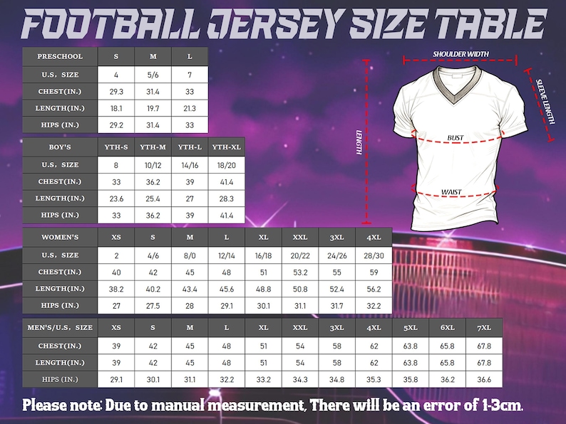 Pu&ograve; includere: Tabella delle taglie delle maglie da calcio con misure per bambini in et&agrave; prescolare, ragazzi, donne e uomini. Include misure di petto, lunghezza e fianchi in cm. Un grafico di maglia bianca illustra i punti di misurazione.