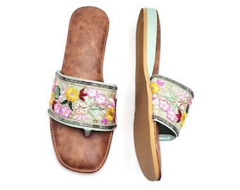 Embroidered Floral Mules: Vegan Leather Bohemian Sandals