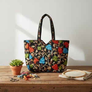 Hand-Embroidered Floral Tote Bag Black Cotton Silk Artisan Bag For Women and Girls