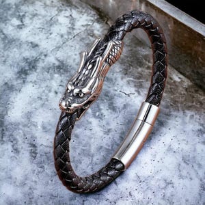 Silber Drachen Armband, Drachen Lederarmband, Drachen Lederarmbänder, Herren Lederarmband, Herren Armband, Boho Armband