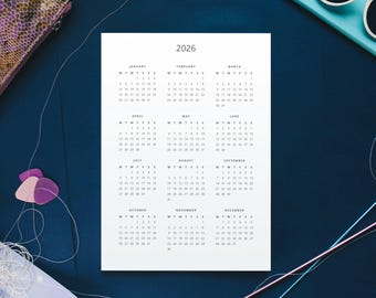 Minimalistische afdrukbare kalender 2026, effen (directe pdf-download)