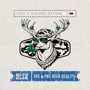 May include: Black and white illustration of a deer wearing sunglasses, a camouflage hat, and a gold chain. The deer has shamrocks on its antlers and in its mouth. Text reads "FREE 3 COLORS OPTION" and "SVG & PNG HIGH QUALITY."