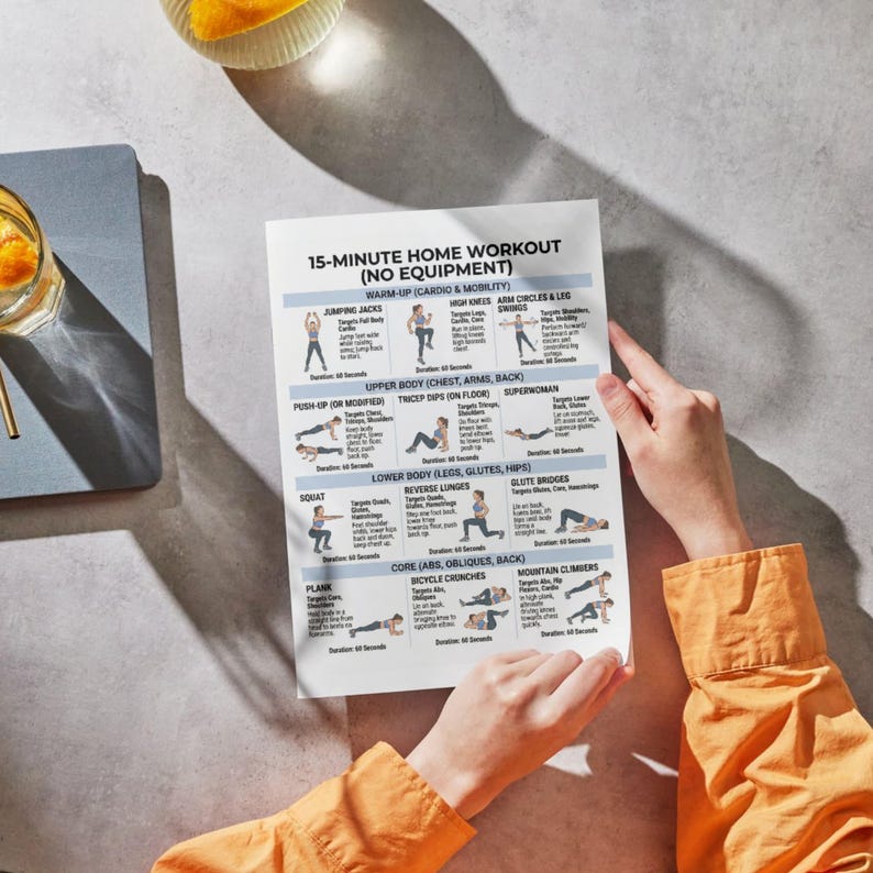 May include: A person holding a white printed workout guide titled "15-Minute Home Workout (No Equipment)". The guide features illustrated exercises for warm-up, upper body, lower body, and core workouts. The person is wearing an orange long-sleeved shirt.