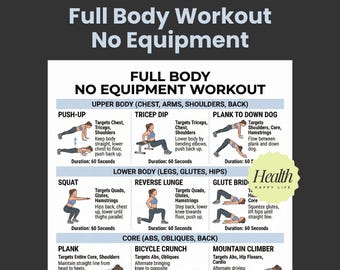 Full Body No Equipment Workout, Upper Body Workout Printable, Lower Body Workout Guide, Printable Exercises, Home Fitness Plan