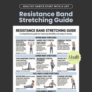 May include: A detailed guide titled "Resistance Band Stretching Guide" illustrating various exercises for different muscle groups. The guide includes upper and lower body stretches, full body, and core stretches, designed to improve flexibility and range of motion.