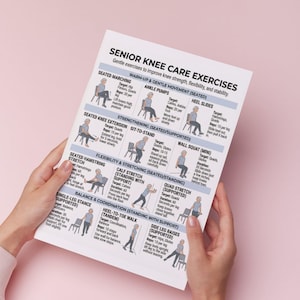 May include: A printed exercise guide for senior knee care. The guide features illustrations and instructions for various exercises, including seated marching, ankle pumps, and heel slides. The text reads "Senior Knee Care Exercises" and "Gentle exercises to improve knee strength, flexibility, and stability."