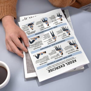 May include: A printed guide for Kegel exercises, featuring illustrations and instructions for various techniques. The guide includes diagrams and text, with a focus on pelvic floor muscle strengthening. The paper is held by a person.