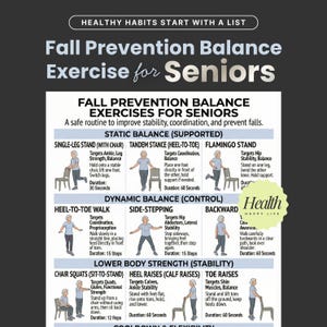 May include: A detailed infographic titled "Fall Prevention Balance Exercise for Seniors" with exercise instructions. The exercises include single-leg stands, heel-to-toe walks, and chair squats. The infographic is designed to improve stability and prevent falls.