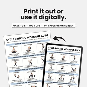 K&ouml;nnte beinhalten: Ein Trainingsleitfaden mit dem Titel "Cycle Syncing Workout Guide" wird auf Papier und einem Tablet angezeigt. Der Leitfaden beschreibt &Uuml;bungen f&uuml;r jede Phase des Menstruationszyklus, einschlie&szlig;lich sanftem Yoga, leichtem Dehnen und Krafttraining.